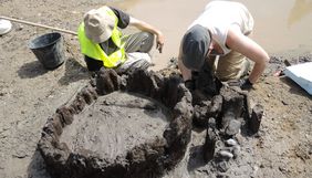 Fouille du cuvelage en bois d'un puits, âge du Bronze final, Erstein (© Archéologie Alsace)